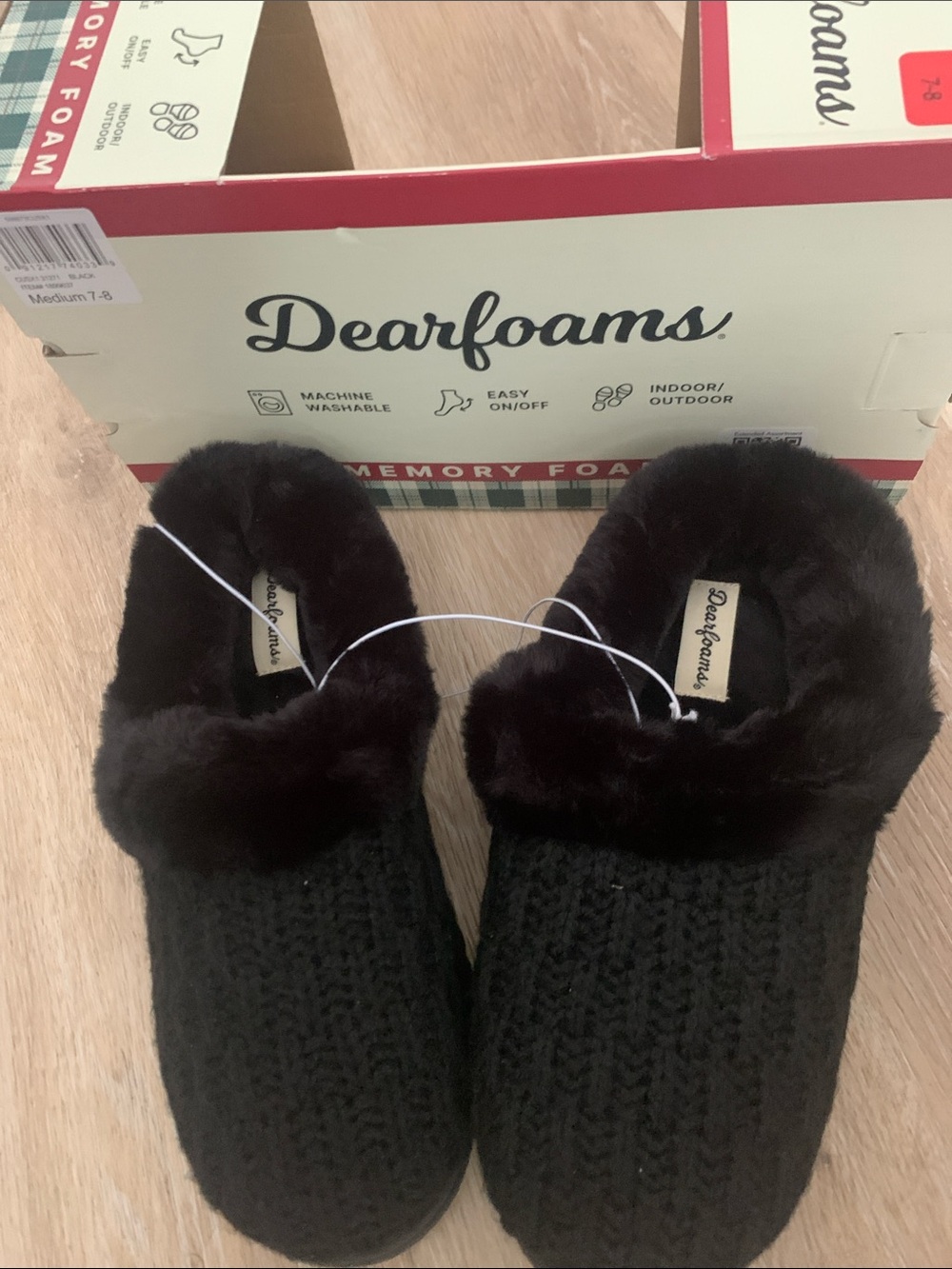 dearfoams Black Knit Clog Slippers with Plush Fur Collar BNWT